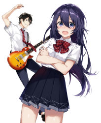 Rule 34 | 1boy, 1girl, arisaka ako, arm up, bad id, bad pixiv id, black eyes, black hair, black skirt, blouse, blush, bow, bowtie, cover, cover page, cowboy shot, crossed arms, dutch angle, electric guitar, gibson les paul, grin, guitar, hair between eyes, hikikomori-hime wo utawasetai!, instrument, long hair, necktie, novel cover, open mouth, parted lips, plaid, plaid bow, plaid bowtie, plaid necktie, plaid neckwear, pleated skirt, plectrum, purple eyes, purple hair, school uniform, shirt, short sleeves, simple background, skirt, smile, solo focus, standing, thighs, white background, white shirt