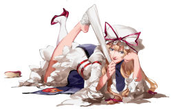 Rule 34 | 1girl, blonde hair, bow, dress, feet, feet up, full body, hair between eyes, hair bow, hand on own face, hat, hat ribbon, high heels, legs, legs up, lips, lipstick, long legs, long sleeves, looking to the side, lying, makeup, mob cap, naughty face, on stomach, pink footwear, pumps, red lips, removing legwear, ribbon, ruukii drift, unworn shoe, shoe soles, shoes, unworn shoes, sidelocks, simple background, single shoe, smile, sock pull, soles, solo, the pose, thighhighs, thighhighs pull, touhou, white background, white dress, white thighhighs, wide sleeves, yakumo yukari