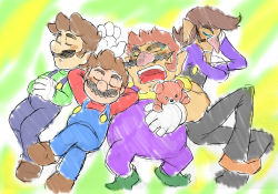 Rule 34 | 4boys, arm behind back, arm up, blush stickers, brothers, brown hair, closed mouth, closed eyes, facial hair, full body, gloves, hand on own stomach, hands on own stomach, crossed legs, long sleeves, luigi, lying, lying on person, male focus, mario, mario (series), mario tennis, marker (medium), mechanical pencil, multiple boys, mustache, nintendo, no headwear, no headwear, omu (sinsindan), on back, on side, open mouth, overalls, parted lips, pencil, red nose, short hair, short sleeves, siblings, sketch, sleeping, stuffed animal, stuffed toy, super mario bros. 1, sweater, teddy bear, thick eyebrows, traditional media, waluigi, wario, wario land