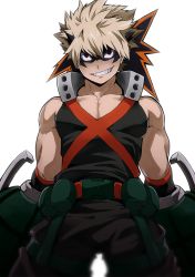 Rule 34 | 1boy, 8 (yamalu), bakugou katsuki, blonde hair, boku no hero academia, commentary request, green eyes, looking at viewer, male focus, muscular, muscular male, open mouth, pants, red eyes, short hair, smile, solo, spiked hair, teeth