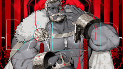Rule 34 | 1boy, abs, balor (housamo), bara, beard, black hair, blonde hair, blue eyes, cape, chest hair, commentary, crown, cuffs, dog tags, english text, eyepatch, facial hair, facial scar, flaming eye, fleur-de-lis print, fur-trimmed cape, fur trim, gomtang, large pectorals, limited palette, looking at viewer, male focus, mature male, multicolored hair, muscular, muscular male, official alternate costume, open mouth, pectorals, red background, scar, scar on arm, scar on cheek, scar on chest, scar on face, shackles, short hair, smile, solo, text focus, tokyo houkago summoners, topless male, tusks, two-tone hair, upper body, valentine