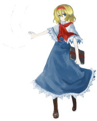 Rule 34 | 1girl, alice margatroid, bad id, bad pixiv id, blonde hair, blue eyes, book, female focus, full body, grimoire, grimoire of alice, hairband, myama, short hair, simple background, solo, string, touhou