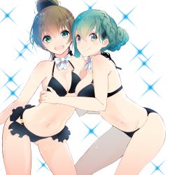 Rule 34 | 10s, 2girls, alternate hairstyle, aqua eyes, aqua hair, bikini, black bikini, bow, bowtie, braid, breasts, closed mouth, commentary request, detached collar, french braid, gluteal fold, green eyes, hair ornament, hairclip, highres, hug, kantai collection, kumano (kancolle), large breasts, light brown hair, looking at viewer, medium breasts, multiple girls, navel, open mouth, ponytail, sparkle background, suzuya (kancolle), swimsuit, tebi (tbd11), white background, white bow, white bowtie