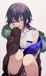 Rule 34 | 1girl, :d, achiki, bare legs, bare shoulders, between legs, black hair, black jacket, collared shirt, crop top, fang, fur trim, hand up, highres, ichinose uruha, jacket, long hair, long sleeves, looking at viewer, lupinus virtual games, midriff, multicolored hair, off shoulder, open mouth, purple eyes, shirt, simple background, sleeveless, sleeveless shirt, smile, socks, solo, squatting, streaked hair, uneven eyes, virtual youtuber, vspo!, white background, white shirt