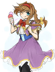 Rule 34 | 1girl, ahoge, blue eyes, braid, breasts, brown hair, closed mouth, coat, commentary request, dress, food, hairband, hekikuu (kanaderuyume), ice cream, long hair, pantyhose, purple dress, red hairband, shirt, smile, solo, virginia maxwell, wild arms, wild arms 3