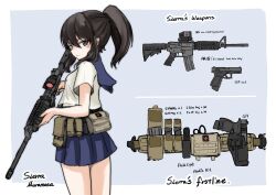 Rule 34 | 1girl, ammunition pouch, ar-15, belt pouch, black eyes, black hair, blue background, blue sailor collar, blue skirt, blush, border, breasts, closed mouth, commentary request, cowboy shot, cross, english text, equipment layout, flashlight, from behind, from side, glock, grey eyes, gun, hair between eyes, handgun, highres, holding, holding gun, holding weapon, holstered, kouon (socommk23), light blue background, load bearing equipment, looking at viewer, looking to the side, magazine (weapon), optical sight, original, outside border, pleated skirt, ponytail, pouch, red cross, rifle, sailor collar, scissors, shirt, short sleeves, skirt, small breasts, solo, magazine (weapon), standing, turning head, two-tone background, v-shaped eyebrows, weapon, weapon name, white border, white shirt