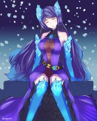Rule 34 | 1girl, absurdres, belt, blue gloves, blue thighhighs, brighid (xenoblade), center opening, dress, elbow gloves, closed eyes, gloves, highres, langspower, long hair, multicolored hair, purple dress, purple hair, solo, thighhighs, twitter username, very long hair, xenoblade chronicles (series), xenoblade chronicles 2
