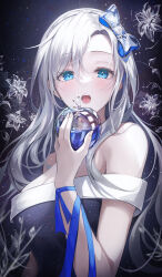Rule 34 | 1girl, apple, bare shoulders, blue eyes, blue ribbon, blush, bow, breasts, cleavage, commentary, dress, english commentary, flower, food, fruit, glass, glass apple, gongha, grey flower, grey hair, hair bow, highres, large breasts, long hair, looking at viewer, medium breasts, off-shoulder dress, off shoulder, open mouth, original, ribbon, solo