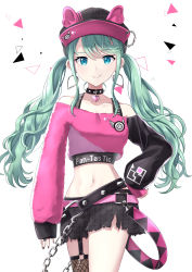 Rule 34 | 1girl, absurdres, alternate costume, alternate eye color, animal ear headwear, aqua hair, arm at side, asymmetrical sleeves, bare shoulders, belt, belt buckle, belt skirt, black nails, black skirt, blue eyes, breasts, buckle, chain, cleavage, collar, collarbone, contrapposto, crop top, crop top overhang, cropped, earrings, english text, fake animal ears, feet out of frame, fishnet thighhighs, fishnets, garter straps, grin, hand on own hip, hat, hatsune miku, heart, heart collar, heart earrings, highres, itogari, jewelry, linea alba, long hair, long sleeves, looking at viewer, medium breasts, midriff, miniskirt, nail polish, narrow waist, navel, pink belt, project sekai, sidelocks, simple background, single thighhigh, skirt, smile, smirk, solo, spiked collar, spikes, swept bangs, thighhighs, torn clothes, torn skirt, twintails, very long hair, vivid bad squad miku, vocaloid