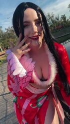 Rule 34 | 1girl, animated, audible music, bare legs, black hair, blue eyes, blue sky, boa hancock, boa hancock (cosplay), brazilian (nationality), breasts, cleavage, cosplay, day, dudabweber, female focus, high heels, highres, long hair, medium breasts, one piece, outdoors, photo (medium), real life, red footwear, red lips, sky, solo, sound, standing, standing on one leg, tagme, video