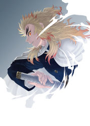 Rule 34 | 1boy, black jacket, blonde hair, cape, floating hair, forked eyebrows, grey background, grin, highres, holding, holding sword, holding weapon, jacket, kimetsu no yaiba, long hair, long sleeves, looking at viewer, looking to the side, male focus, multicolored hair, orange hair, profile, remsor076, rengoku kyoujurou, sheath, smile, solo, sword, two-tone hair, unsheathing, upper body, weapon, white cape, yellow eyes