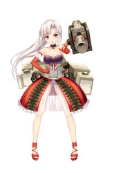 Rule 34 | 1girl, bison cangshu, breasts, cannon, caterpillar tracks, choker, cleavage, dress, elbow gloves, full body, gloves, hand on own hip, highres, long hair, m44 (panzer waltz), mecha musume, official art, open mouth, orange eyes, panzer waltz, pointing, ponytail, red footwear, red gloves, shoes, simple background, small breasts, solo, straight-on, tachi-e, white background, white hair