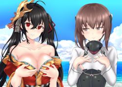 Rule 34 | 2girls, ahoge, azur lane, bare shoulders, beach, black hair, blue sky, blush, breast envy, breasts, brown eyes, brown hair, cleavage, closed mouth, collarbone, crossed bangs, day, flat chest, hair between eyes, headband, headgear, highres, historical name connection, japanese clothes, kantai collection, kimono, large breasts, long hair, long sleeves, looking at viewer, mask, mask on head, multiple girls, name connection, nendoroya, ocean, parted lips, red eyes, red kimono, ribbon, shirt, short hair, sky, smile, striped ribbon, taihou (azur lane), taihou (kancolle), twintails, white shirt, wide sleeves