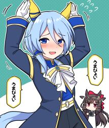 Rule 34 | 2girls, afterimage, animal ears, arms up, black jacket, black pants, blue eyes, blue hair, blue shirt, bow, braid, brown hair, camera, commentary request, daiichi ruby (umamusume), drill hair, ear covers, ear wiggle, flower, flying sweatdrops, gloves, green background, hair bow, hair flower, hair ornament, highres, holding, holding camera, horse ears, horse girl, horse tail, jacket, k.s.miracle (umamusume), long hair, long sleeves, multiple girls, open clothes, open jacket, pants, polka dot, polka dot background, red bow, red eyes, red flower, red rose, rose, shirt, side drill, tail, takiki, translated, twin drills, two-tone background, umamusume, v-shaped eyebrows, very long hair, white background, white gloves