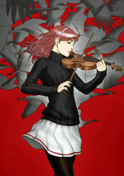 Rule 34 | bird, chester ocampo, closed eyes, earrings, goose, hairband, instrument, jewelry, pantyhose, red hair, skirt, solo, turtleneck, violin, wind