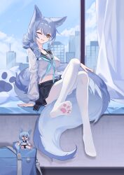 Rule 34 | 1girl, ;p, animal ears, arknights, arm support, black sailor collar, black skirt, blue hair, blue neckerchief, blue sky, character doll, city, cloud, commentary request, crop top, crossed legs, day, highres, indoors, large tail, long hair, long sleeves, looking at viewer, miniskirt, neckerchief, no shoes, one eye closed, provence (arknights), provence (xz002), sailor collar, school uniform, serafuku, shirt, sitting, skirt, sky, smile, solo, stomach, tail, thighhighs, tongue, tongue out, white shirt, white thighhighs, wolf ears, wolf tail, yellow eyes