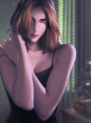 Rule 34 | 1girl, black shirt, blurry, blurry background, breasts, brown hair, camisole, cleavage, closed mouth, collarbone, commentary, depth of field, english commentary, expressionless, hair over one eye, hands up, highres, indoors, jn3, lips, medium breasts, medium hair, nose, original, plant, shirt, signature, solo, strap slip, upper body