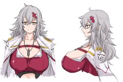 Rule 34 | 1girl, :/, bags under eyes, breasts, cleavage, closed mouth, clothing cutout, coat, coat on shoulders, cropped jacket, from side, goddess of victory: nikke, grey hair, hair ornament, hairclip, huge breasts, jacket, jewelry, large breasts, long hair, messy hair, multiple views, necklace, orange eyes, red jacket, sharp teeth, simple background, stomach cutout, teeth, tkool man, white background, white coat, yulha (nikke)