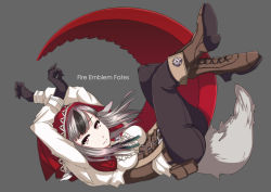 Rule 34 | 1girl, animal ears, black hair, boots, cloak, cross-laced footwear, fire emblem, fire emblem fates, full body, gloves, grey hair, haku (grimjin), hood, hooded cloak, lace-up boots, long hair, looking at viewer, multicolored hair, nintendo, pants, red eyes, simple background, solo, tail, velouria (fire emblem), wolf ears, wolf tail