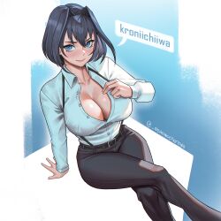 Rule 34 | 1girl, alternate costume, blue eyes, blue hair, breasts, cleavage, hair intakes, highres, hololive, hololive english, large breasts, looking at viewer, ouro kronii, seventeencrows, shirt, short hair, simple background, smile, solo, virtual youtuber, white shirt