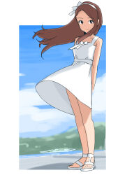 Rule 34 | 1girl, annko, arms behind back, blue sky, blurry, blurry background, border, bow, breasts, brown eyes, brown hair, closed mouth, clothes lift, cloud, day, dot nose, dress, floating hair, full body, hairband, highres, idolmaster, idolmaster (classic), idolmaster million live!, idolmaster million live! theater days, long hair, looking at viewer, minase iori, mountain, outdoors, outside border, sandals, skirt, skirt lift, sky, sleeveless, sleeveless dress, small breasts, smile, solo, standing, toes, water, white border, white bow, white dress, white footwear, white hairband, wind, wind lift