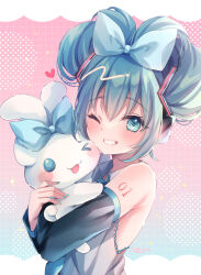 Rule 34 | &gt; o, 1girl, black sleeves, blue bow, blue eyes, blue hair, blue necktie, blush, bow, cinnamiku, cinnamoroll, collared shirt, commentary request, crossover, detached sleeves, grey shirt, grin, hair bow, hatsune miku, heart, hug, long sleeves, looking at viewer, necktie, nemuri nemu, one eye closed, revision, sanrio, shirt, signature, sleeveless, sleeveless shirt, smile, upper body, vocaloid