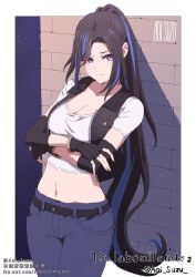 Rule 34 | 1girl, aoi suzu, belt, black gloves, black hair, black vest, blue pants, breasts, cleavage, closed mouth, commission, cowboy shot, crop top, cropped vest, denim, fingerless gloves, gloves, highres, long hair, looking at viewer, medium breasts, midriff, multicolored hair, navel, original, pants, parted bangs, ponytail, purple eyes, shirt, short sleeves, skeb commission, solo, stomach, streaked hair, very long hair, vest, white shirt