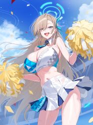 Rule 34 | 1girl, :d, absurdres, asuna (blue archive), blonde hair, blue archive, blue eyes, blue hair, blue ribbon, blue sky, breasts, cheerleader, confetti, crop top, floating hair, hidis0086, highres, holding, holding pom poms, large breasts, long hair, looking at viewer, midriff, millennium cheerleader outfit (blue archive), miniskirt, navel, open mouth, pom pom (cheerleading), pom poms, ribbon, skirt, sky, smile, solo, stomach, thighs, very long hair