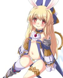 1girl animal_ears arpiel blonde_hair blush breasts closed_mouth detached_sleeves hat heart heart_in_eye long_hair looking_up necktie original outie_navel panties rabbit_ears red_eyes short_necktie solo symbol_in_eye tail thighs underwear wazawogi_(wzog) white_background