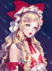 Rule 34 | &#039;o&#039;ne, 1girl, androgynous, bad id, bad pixiv id, blonde hair, blue eyes, bow, cherry, cyphers, eyelashes, flat chest, food, fruit, fur, long hair, looking at viewer, mouth hold, red lips, shooting star, sky, solo, star (sky), upper body, wavy hair