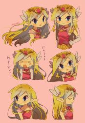 Rule 34 | 1girl, belt, blonde hair, blue eyes, blush, closed eyes, closed mouth, commentary request, crying, hair ornament, hand on own hip, head tilt, highres, long hair, looking at viewer, looking to the side, multiple views, nintendo, pointy ears, princess zelda, sidelocks, sleeveless, smile, the legend of zelda, the legend of zelda: the wind waker, tiara, tokuura, twitter username