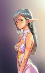 Rule 34 | 1girl, bare shoulders, blue eyes, blush, breasts, cleavage, cleavage cutout, clothing cutout, collarbone, crescent, elf, gradient background, highres, lamchun (2006), long pointy ears, looking at viewer, original, pointy ears, silver hair, smile, solo, underboob