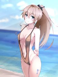 Rule 34 | 1girl, absurdres, alternate costume, bespectacled, blue eyes, breasts, brown hair, brown one-piece swimsuit, glasses, highres, honma (honmatomohiro), kantai collection, kumano (kancolle), long hair, navel, one-piece swimsuit, ponytail, red-framed eyewear, slingshot swimsuit, small breasts, smile, solo, swimsuit