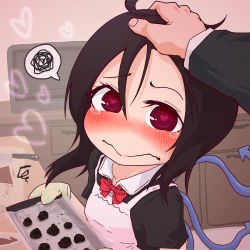Rule 34 | 1girl, apron, arikui (ooooalikui), asymmetrical wings, black hair, blouse, blush, burnt, collared shirt, dress, flustered, gloves, hand on another&#039;s head, head pat, headpat, heart, heart-shaped pupils, houjuu nue, kitchen, knife, looking at viewer, nose blush, red eyes, ribbon, shirt, short hair, short sleeves, solo focus, spoken squiggle, squiggle, symbol-shaped pupils, tears, touhou, wavy mouth, white shirt, wings, zyayu