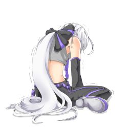 Rule 34 | 1girl, ahoge, bare shoulders, blouse, bow, detached sleeves, from behind, grey shirt, hair bow, hair ornament, hyoiki, kneeling, long hair, necktie, pants, sad, shirt, silver hair, simple background, sitting, solo, trembling, very long hair, vocaloid, wariza, white background, yowane haku