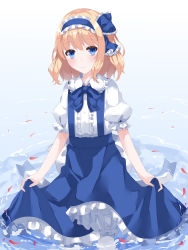 Rule 34 | 1girl, alice margatroid, alice margatroid (pc-98), blonde hair, blouse, blue eyes, blue hairband, blue ribbon, blue skirt, bow, buttons, closed mouth, collar, hair between eyes, hair ribbon, hairband, highres, looking at viewer, nanatuki13, ocean, pants, pantyhose, petals, puffy short sleeves, puffy sleeves, ribbon, shirt, short hair, short sleeves, skirt, solo, standing, touhou, touhou (pc-98), water, white bow, white collar, white pants, white pantyhose, white shirt, white sleeves