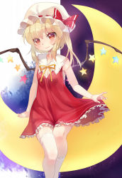Rule 34 | 1girl, blonde hair, blush, crescent, dress, fang, flandre scarlet, hat, heart, heart-shaped pupils, highres, long hair, looking at viewer, mvv, side ponytail, single thighhigh, sleeveless, sleeveless dress, smile, solo, star (symbol), symbol-shaped pupils, thighhighs, touhou, white thighhighs, wings