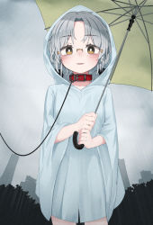 Rule 34 | 1girl, belt collar, blue coat, blush, building, coat, collar, day, female focus, glasses, grey hair, hirato (kancolle), holding, holding umbrella, hood, hood up, hooded coat, kantai collection, leash, looking at viewer, naked raincoat, orange eyes, outdoors, parted lips, public indecency, rain, raincoat, red collar, short hair, solo, standing, tsuzuri (tu-san house), umbrella, wide sleeves