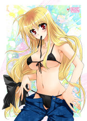 Rule 34 | 00s, 1girl, bikini, blonde hair, blush, bow, breasts, cleavage, denim, fate testarossa, front-tie top, hair bow, jeans, kanna (plum), large breasts, long hair, looking at viewer, low-tied long hair, lyrical nanoha, mahou shoujo lyrical nanoha, mahou shoujo lyrical nanoha strikers, micro bikini, mouth hold, navel, open fly, pants, red eyes, side-tie bikini bottom, sideboob, solo, swimsuit, underboob, undressing, unzipped, very long hair