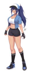 Rule 34 | 1girl, :d, airisubaka, artist name, baseball cap, black gloves, black shorts, black socks, blue eyes, blue hair, blue jacket, breasts, cleavage, collarbone, commentary, english commentary, fingerless gloves, full body, gloves, hair between eyes, hat, highres, jacket, kneehighs, large breasts, long hair, looking at viewer, midriff, navel, open clothes, open jacket, open mouth, original, ponytail, shoes, short shorts, short sleeves, shorts, signature, simple background, smile, sneakers, socks, solo, tomboy, white background