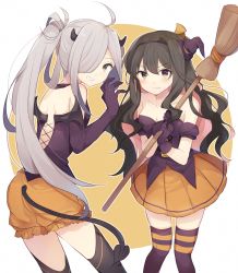 Rule 34 | 10s, 2girls, ahoge, alternate costume, asashimo (kancolle), bare shoulders, black hair, blush, broom, corset, curly hair, demon tail, demon wings, gloves, green eyes, grey eyes, grey hair, grin, hairband, halloween, halloween costume, hat, hiiragi souren, horns, kantai collection, kneehighs, long hair, looking at viewer, looking back, multiple girls, naganami (kancolle), shorts, simple background, skirt, smile, socks, tail, white background, wings, witch hat