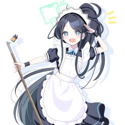 Rule 34 | 1girl, apron, aqua halo, aris (blue archive), aris (maid) (blue archive), black dress, black hair, blue archive, blue eyes, blue ribbon, blush, bright pupils, commentary request, cowboy shot, daiichi (1279220), dress, frilled apron, frills, green halo, halo, highres, holding, long hair, looking at viewer, maid, maid apron, maid headdress, neck ribbon, notice lines, official alternate costume, open mouth, ponytail, puffy short sleeves, puffy sleeves, rectangular halo, ribbon, salute, short sleeves, sidelocks, simple background, smile, solo, swept bangs, white apron, white background, white pupils