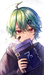 Rule 34 | 1boy, ?, ahoge, bandaid, bandaid on cheek, bandaid on face, black nails, book, book strap, earrings, flipped hair, glint, hair ornament, hairclip, highres, holding, holding book, jewelry, long sleeves, looking at viewer, male focus, nail polish, nixtutyannh, open mouth, orange eyes, original, short hair, simple background, solo, symbol-shaped pupils, upper body, white background, yellow eyes