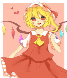Rule 34 | 1girl, blonde hair, breasts, clenched hand, collared shirt, cowboy shot, ellipsis (mitei), fangs, flandre scarlet, frilled skirt, frills, hair between eyes, hat, hat ribbon, heart, looking at viewer, medium hair, mob cap, multicolored wings, open mouth, pink background, red eyes, red ribbon, red skirt, red vest, ribbon, shirt, short sleeves, side ponytail, skirt, skirt set, small breasts, solo, touhou, vest, white hat, white shirt, wings