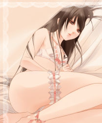 Rule 34 | 1boy, androgynous, bra, brown eyes, brown hair, collarbone, crossdressing, fuuchouin kazuki, getbackers, jingle bell, bridal garter, lingerie, long hair, lying, male focus, outside border, panties, papillon10, parted lips, pink background, ribbon, simple background, solo, trap, underwear, underwear only, very long hair