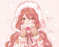 Rule 34 | 1girl, anam95, bad id, bad twitter id, blush, envelope, fur-trimmed gloves, fur-trimmed hood, fur trim, gloves, holding, holding envelope, hood, idolmaster, idolmaster shiny colors, long hair, looking at viewer, low twintails, mittens, osaki tenka, red hair, ribbon, ribbon-trimmed gloves, ribbon trim, swept bangs, twintails, yellow eyes