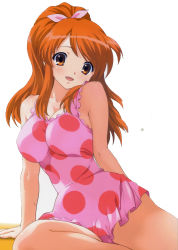 Rule 34 | 00s, 1girl, alternate hairstyle, asahina mikuru, blush, breasts, cameltoe, casual one-piece swimsuit, cleavage, cover, cover page, frilled swimsuit, frills, highres, large breasts, one-piece swimsuit, orange eyes, orange hair, polka dot, polka dot swimsuit, ponytail, scan, sitting, smile, solo, suzumiya haruhi no yuuutsu, swimsuit, third-party edit, tim tim machine