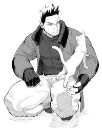 Rule 34 | 1boy, abs, animal, bara, cat, clenched hand, collared jacket, denim, fingerless gloves, frown, gloves, greyscale, highres, jacket, jeans, kneeling, leather, leather belt, long sleeves, looking at another, male focus, mature male, migi (mm86262394), monochrome, muscular, muscular male, on one knee, pants, pectorals, scar, scar on face, shirt, solo, spiked hair, sweater, thick arms, thick thighs, thighs, tight clothes, turtleneck, turtleneck sweater