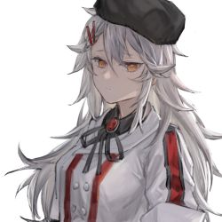 Rule 34 | 1girl, black hat, black shirt, bolo tie, collared shirt, commentary request, gepard m1 (girls&#039; frontline), girls&#039; frontline, hair between eyes, hair ornament, hairclip, hat, highres, jacket, long hair, messy hair, qiujiao, shirt, simple background, solo, upper body, white background, white hair, white jacket, yellow eyes