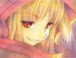 Rule 34 | 00s, 1girl, brown hair, colored pencil (medium), fang, gofu, grin, holo, hood, portrait, red eyes, smile, solo, spice and wolf, traditional media